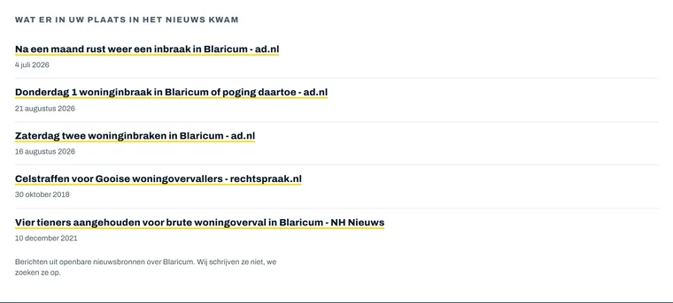 Scherm met lokale nieuwsberichten over inbraak